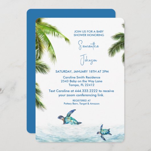 コバルトシータートルトロピカルベビーシャワー 招待状 (正面/裏面)