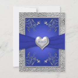 コバルトブルーおよびピューターのハートRSVPカード 出欠カード