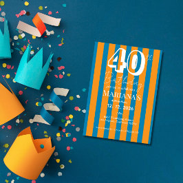 コバルトブルーとオレンジのストライプ モダン40歳の誕生日 招待状