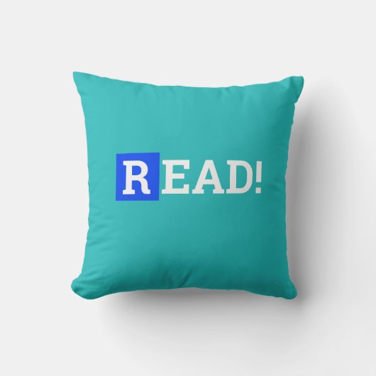 コバルトブルーとターコイズブルーの"READ" クッション (正面)