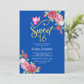 コバルトブルーとピンクの花柄スイート16バースデー 招待状 (スタンド正面)