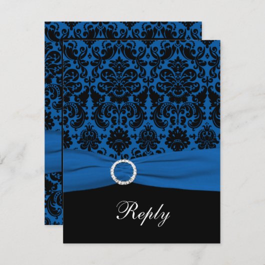 コバルトブルーとブラックのダマスク柄の返信カード 出欠カード (正面/裏面)