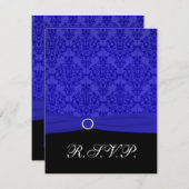 コバルトブルーとブラックのダマスク柄の返信カード 出欠カード (正面/裏面)