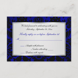 コバルトブルーとブラックのダマスク柄返信カード 出欠カード