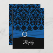 コバルトブルーとブラックのダマスク柄RSVPカード 出欠カード (正面/裏面)