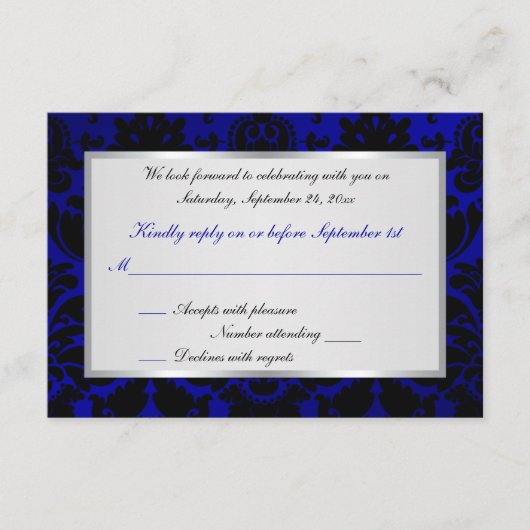 コバルトブルーとブラックのダマスク返信カード 出欠カード (正面)