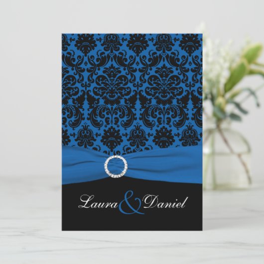 コバルトブルーとブラックダマスクウェディング招待状 招待状 (スタンド正面)