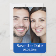 コバルトブルーとホワイトの写真付き結婚式延期案内カード