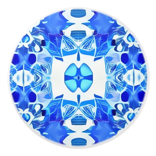 コバルトブルーとホワイトろうけつ染めタイル模様 セラミックノブ (正面)