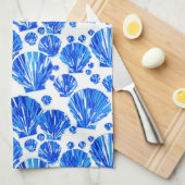 コバルトブルーとホワイトシーシェル キッチンタオル (四つ折り)