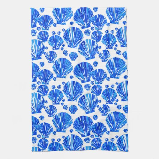 コバルトブルーとホワイトシーシェル キッチンタオル (縦)