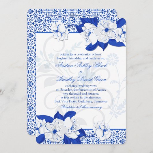 コバルトブルーとホワイトフローラ結婚式招待状 招待状 (正面/裏面)