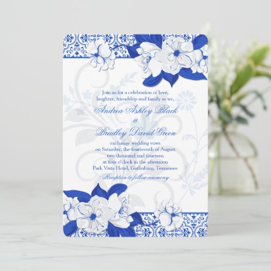 コバルトブルーとホワイトフローラ結婚式招待状 招待状 (スタンド正面)