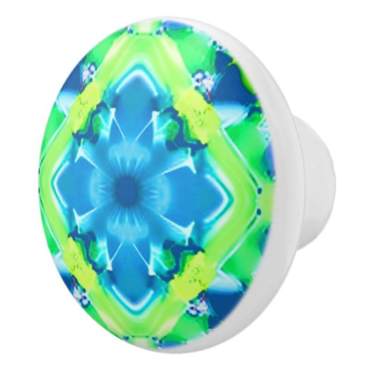 コバルトブルーとライムグリーンの絞り染めパターン セラミックノブ (右)