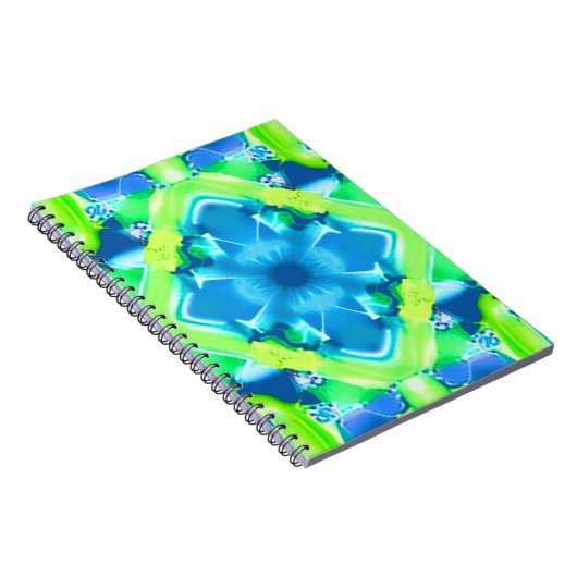 コバルトブルーとライムグリーンの絞り染めパターン ノートブック (右側)