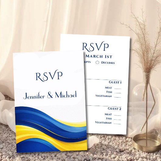 コバルトブルーとレモンイエローの結婚式RSVP 出欠カード
