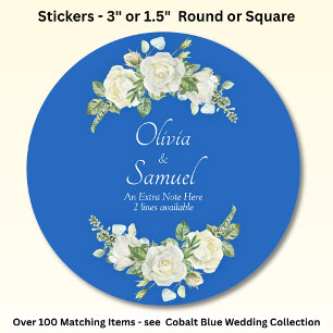 コバルトブルーと白のバラの花婿花嫁の名前とメモ ラウンドシール