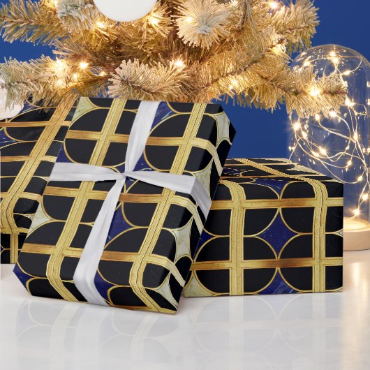 コバルトブルーと金ゴールドアールデコ大理石パターン ラッピングペーパー (クリスマス)