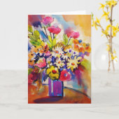 コバルトブルーのつぼによっては挨拶状が開花します カード (黄色い花)