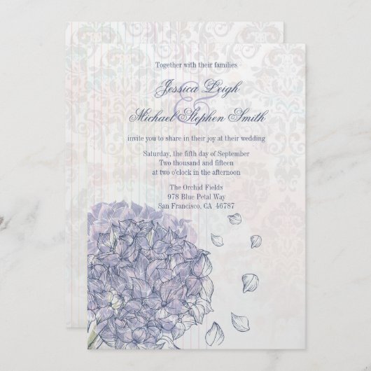 コバルトブルーのアジサイの花の結婚式招待状 招待状 (正面/裏面)