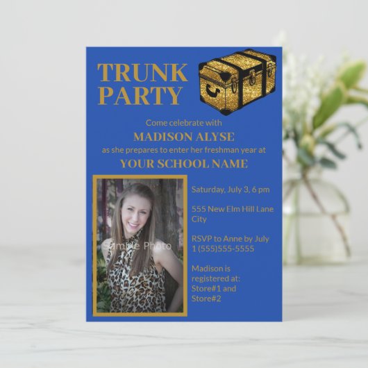 コバルトブルーのトランク大学寮パーティーの写真 招待状 (スタンド正面)