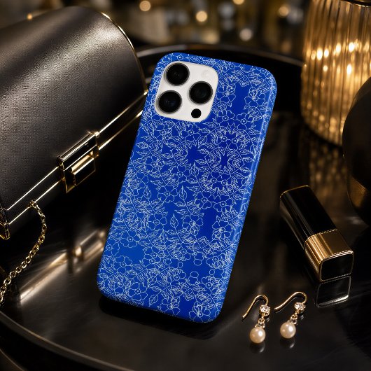 コバルトブルーの白い花のダマスク柄 Case-Mate iPhoneケース