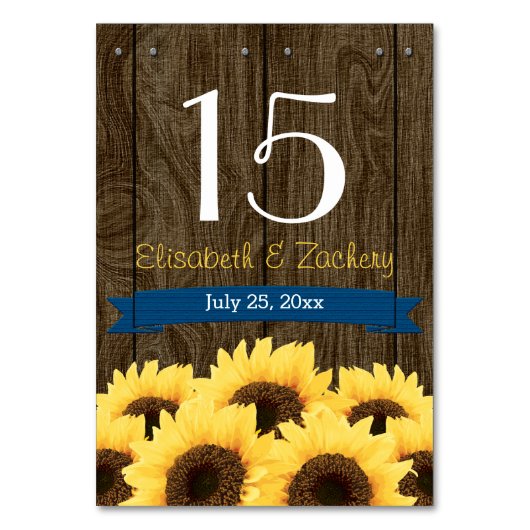 コバルトブルーの素朴なヒマワリのテーブル数カード テーブルナンバー (正面)