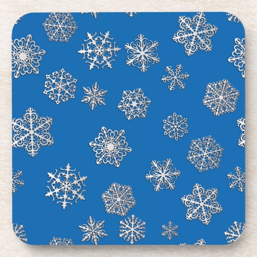 コバルトブルーの背景に銀色の雪片 コースター (正面)