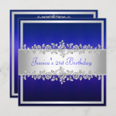 コバルトブルーエレガントシルバーバラ誕生日パーティー 招待状 (正面/裏面)