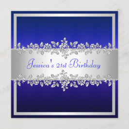 コバルトブルーエレガントシルバーバラ誕生日パーティー 招待状