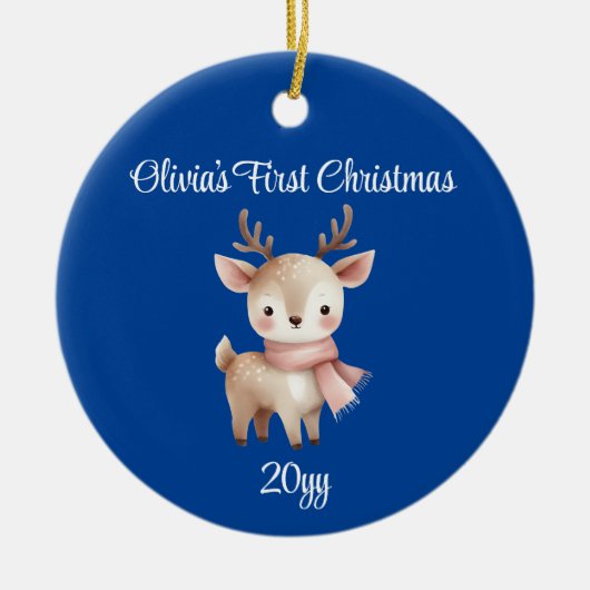 コバルトブルーパーソナライズされたベビーガール初めてのクリスマス セラミックオーナメント (正面)