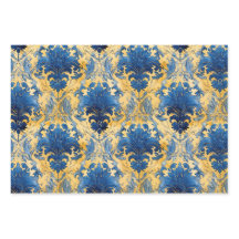 コバルトブルー及び金ゴールドダマスク装飾紙