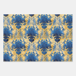 コバルトブルー及び金ゴールドダマスク装飾紙 ラッピングペーパーシート