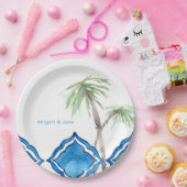 コバルトブルー地中海のタイルパーソナライズされたラウンド ペーパープレート (パーティー)