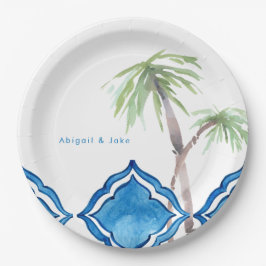 コバルトブルー地中海のタイルパーソナライズされたラウンド ペーパープレート