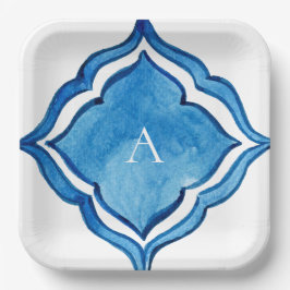 コバルトブルー地中海のタイルモノグラム ペーパープレート