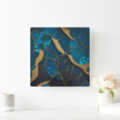 コバルトブルー大理石モザイク金ゴールドインレイ静脈 スクエア壁時計 (ホーム)