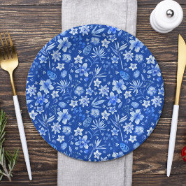 コバルトブルー熱帯の花と葉パターン7" ペーパープレート