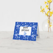 コバルトブルー熱帯葉パターンハッピーバースデー カード (黄色い花)