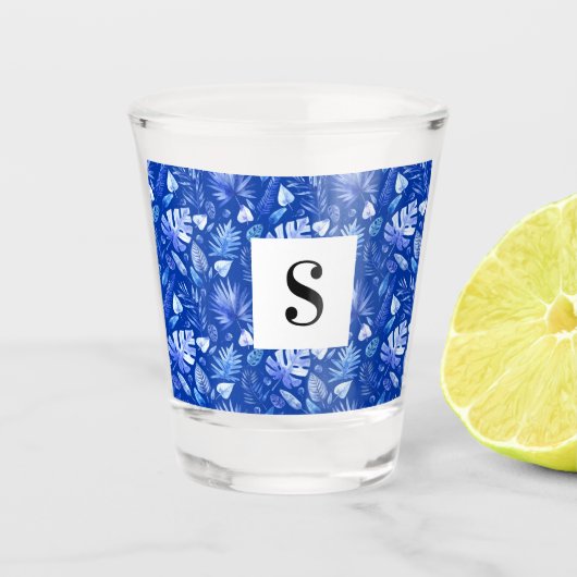 コバルトブルー熱帯葉パターン1.5oz ショットグラス (正面)