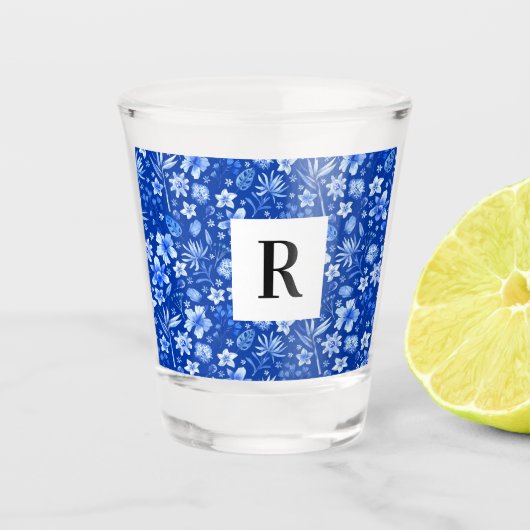 コバルトブルー葉トトロピック花パターン1.5oz ショットグラス (正面)