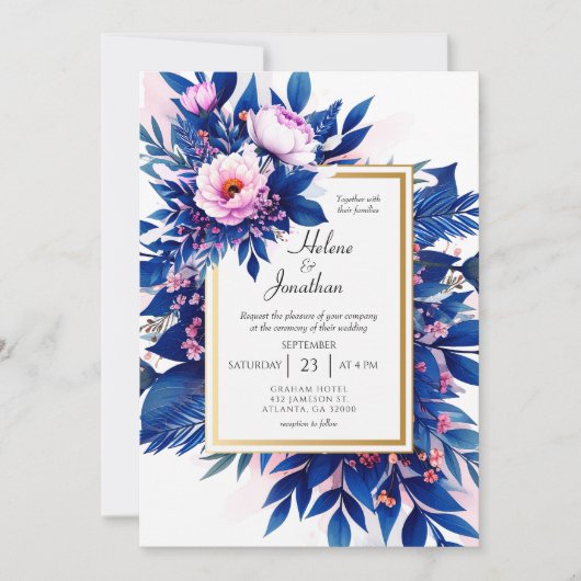コバルトブルー赤面ピンクフローラエレガントな結婚式 招待状 (正面)