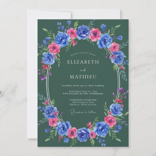 コバルトマゼンタの花輪の結婚式 招待状 (正面)