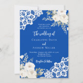 コバルブルー白いバラのレース結婚の 招待状 (正面)