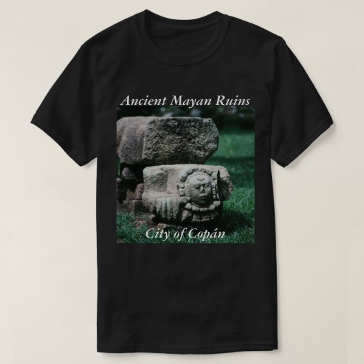 コパン古代遺跡の彫像市文化マヤ Tシャツ (デザイン正面)