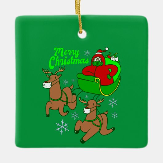 コビッドクリスマス顔マスクサンタトナカイそり セラミックオーナメント (正面)