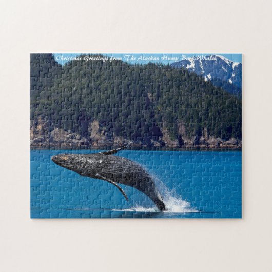 コブハクジラのジャンプ。クリスマスのご挨拶 ジグソーパズル (横)