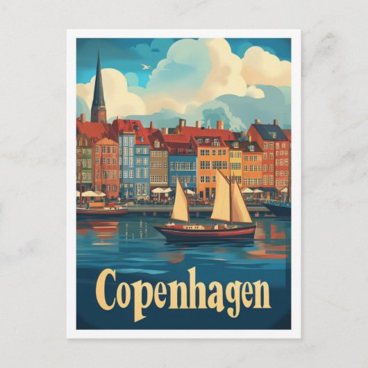 コペンハーゲンデンマークアートヴィンテージトラベルイラストレーション ポストカード (正面)