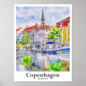コペンハーゲンデンマーク旅行水彩手描き ポスター (正面)