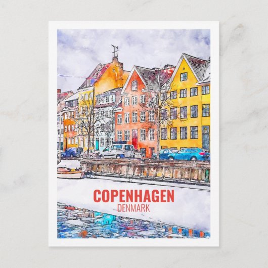 コペンハーゲンデンマーク有名な旅行水の色のスケッチ ポストカード (正面)